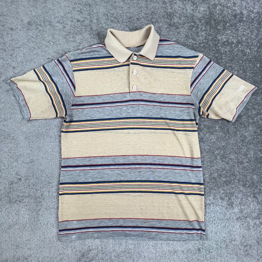 Vintage Levis Striped Polo Shirt Mens Tan Gray Multi Color Short Sleeve Retro M